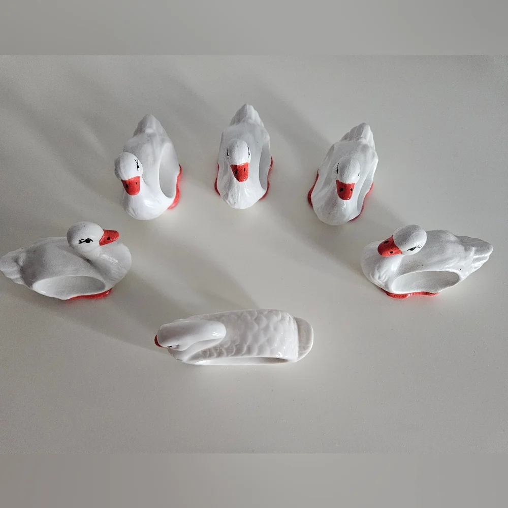 Swan & Ducks White Ceramic Napkin Rings x 6